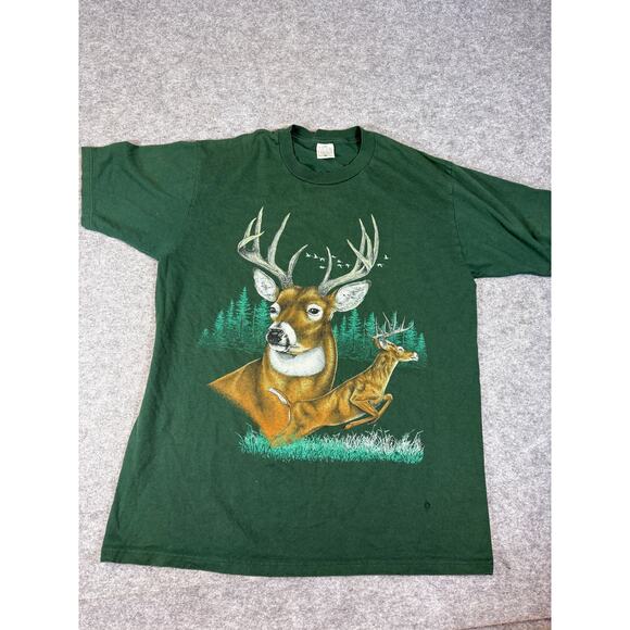 VINTAGE 90s Cotton Grove Shirt Mens Large Green Deer Buck Wildlife Graphic USA - Picture 1 of 6